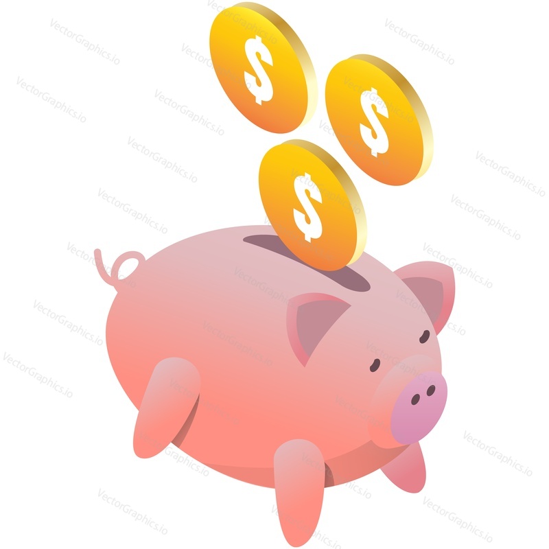 Money falling into piggy bank isometric icon vector. Cash economy, saving on retirement and financial investment 3d illustration isolated on white background