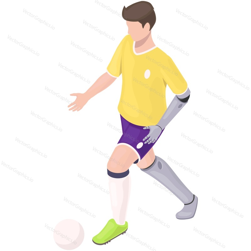 Soccer or football player with prosthetic leg isometric vector. Amputee man with bionic limb prosthesis playing ball. Happy active disabled people isolated on white background