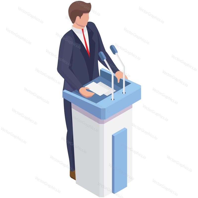 Politician at podium vector. Isometric man speaker, election leader candidate or conference presenter performing with debate speech icon on white background