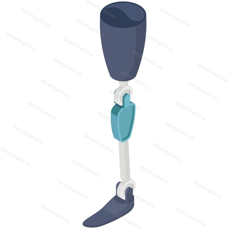 Prosthetic leg vector. Isometric amputee limb prosthesis icon. Mechanical prothetic foot synthetic implant device for disabled people isolated on white background