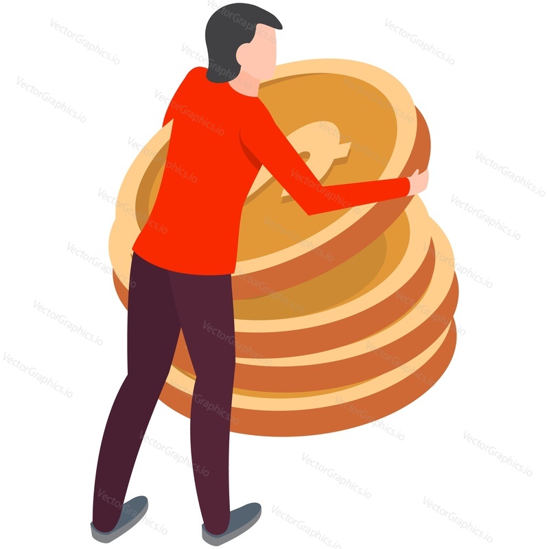 Man and money illustration. Accountant stacking coin cash isometric vector isolated on white background. Financial growth, saving accounting, deposit donation