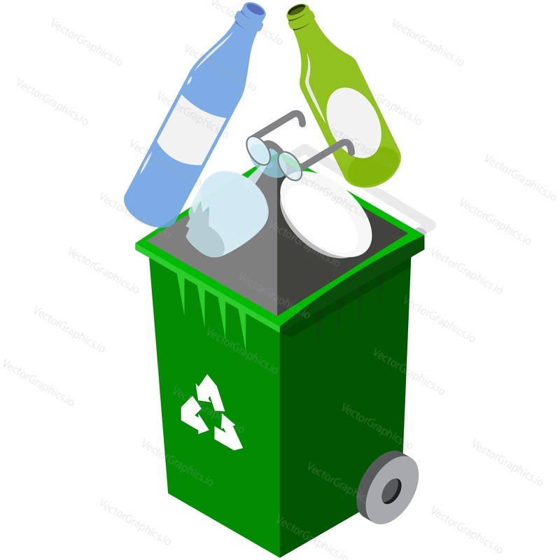 Glass waste recycle trash bin vector. Isometric green garbage sorting rubbish can icon isolated on white background