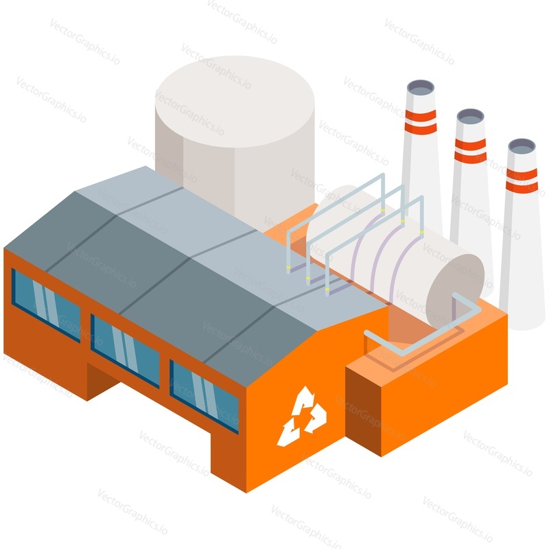 Factory recycle garbage vector. Isometric waste plant for plastic sorting and recycling isolated on white background. Ecology and environment pollution reduce