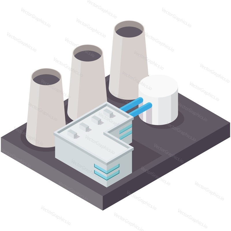 Nuclear power plant station isometric vector. Reactor atomic energy generating factory and industrial waste facility isolated on white background