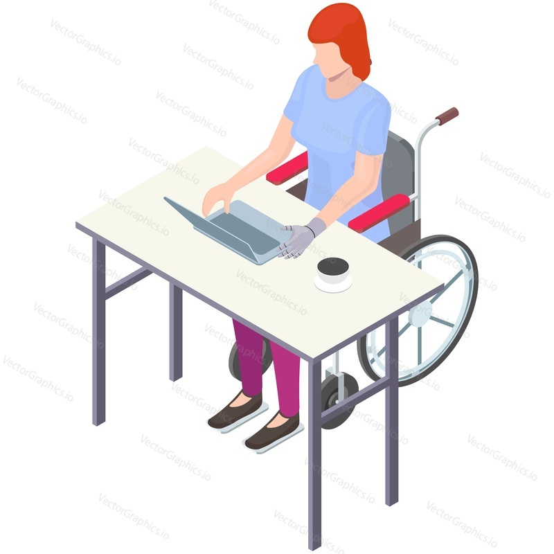 Disabled woman with hand prosthetics vector. Isometric female character with bionic arm working on laptop sitting in wheelchair. Handicapped people lifestyle isolated on white background