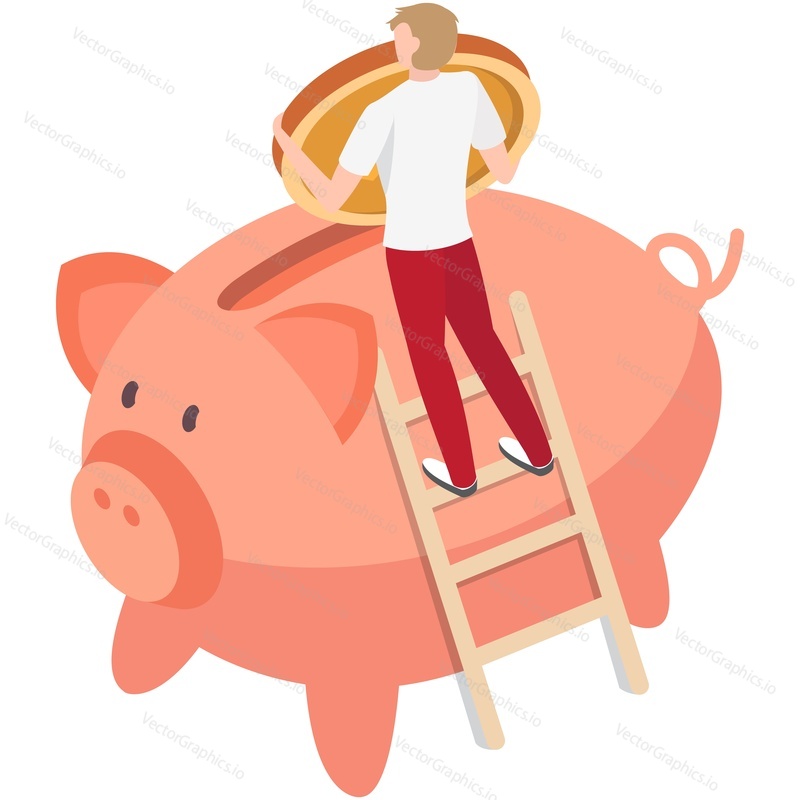 Man save money coin in piggy bank vector. Isometric character and investment, savings or making money 3d illustration isolated on white background