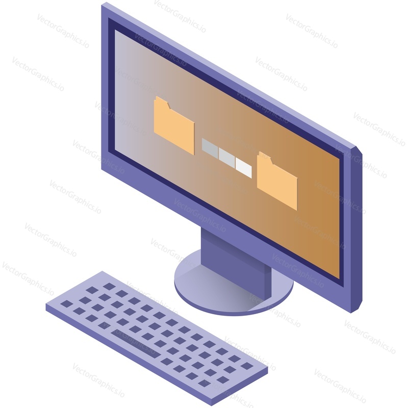 Data file transfer icon. Vector computer screen desktop with folder document information exchange, backup, copy or send. Isometric illustration isolated on white background