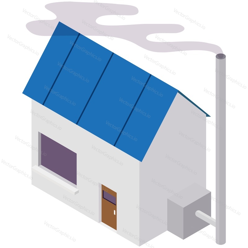 Smoke house chimney on roof vector icon. Isometric family home cottage with pipe smog isolated on white background. Ecology hazard and environment pollution