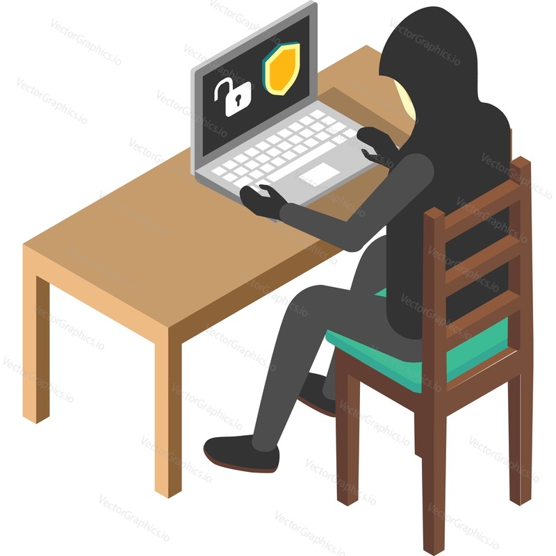 Hacker break laptop computer bank account vector icon. Man hacking data. Cyber criminal, spy virus scam attack