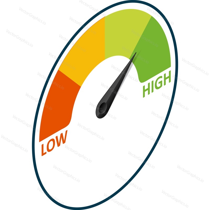 Credit score gauge meter with low and high level vector icon isolated on white. Good and bad financial scale, rating measurement