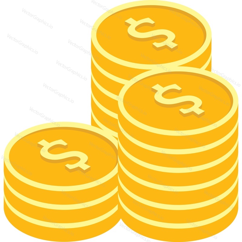 Money stack vector. Gold coin pile icon. Golden dollar currency cash isolated on white background