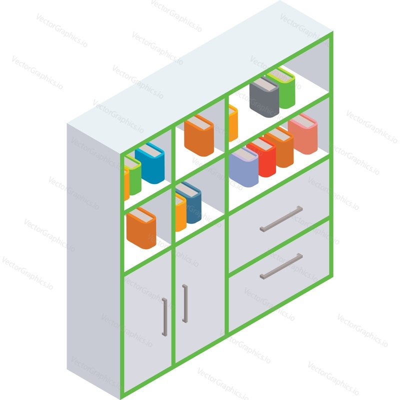 Офисный стеллаж, полка или подставка с векторными значками папок и архивных файлов, выделенными на белом фоне. Мебель для кабинета или комнаты