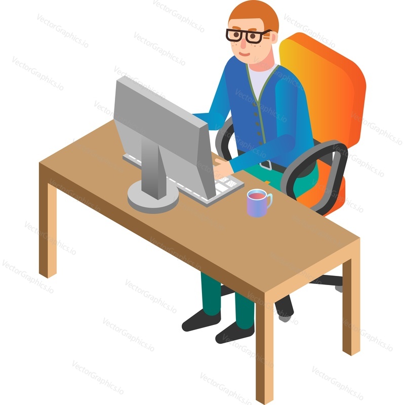 Office worker at computer vector icon. Man sitting at desk working online isolated on white background