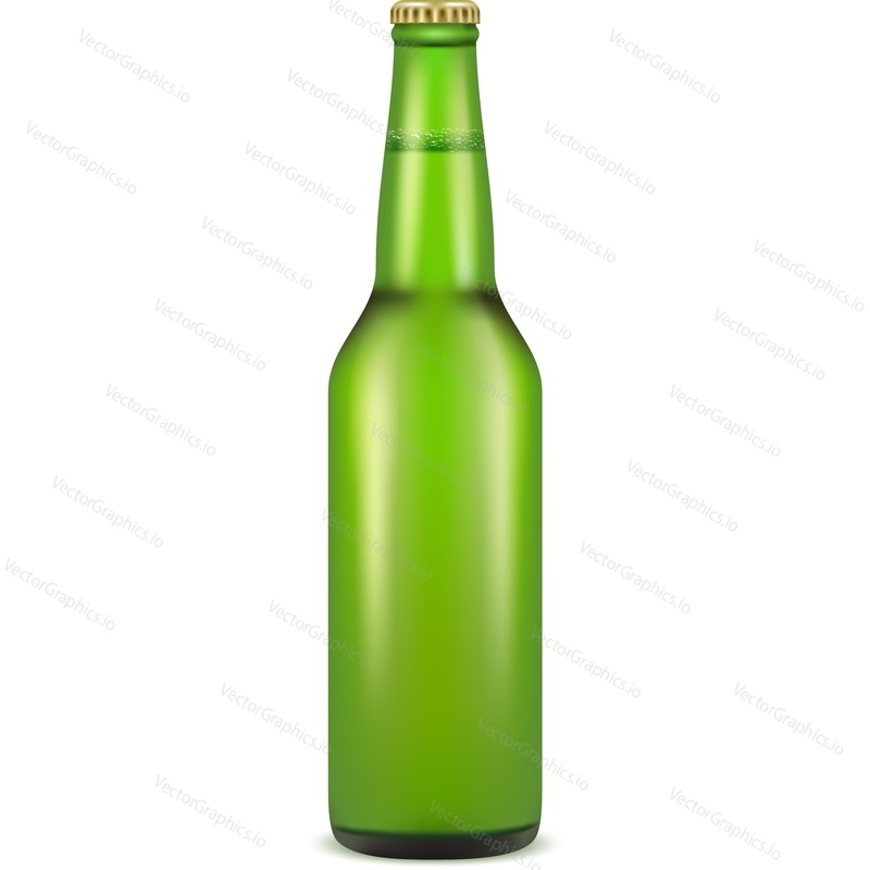 Beer bottle isolated icon vector. Full green glass alcohol drink package under cap on white background