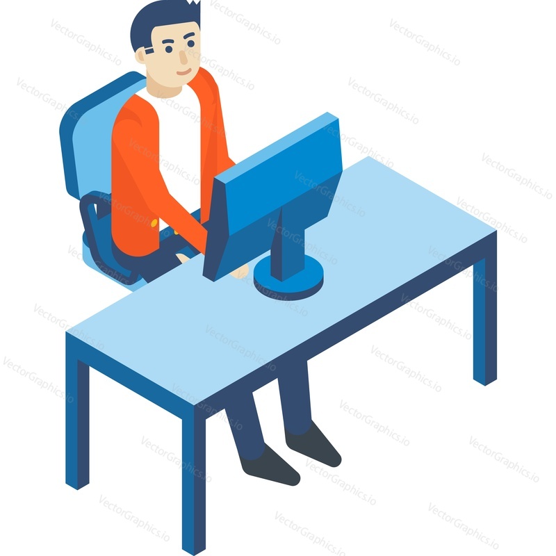 Man using cloud bank service icon vector. Wealth management, conference budget discussion. Guy sitting at desk front of computer