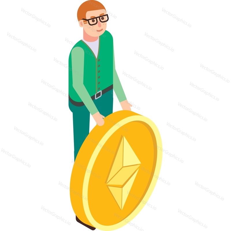 Miner holding ethereum hand vector icon isolated on white background. Crypto currency concept