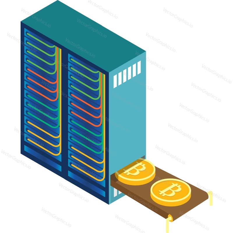 Bitcoin mining farm vector icon isolated on white background. Isometric cryptocurrency blockchain hardware