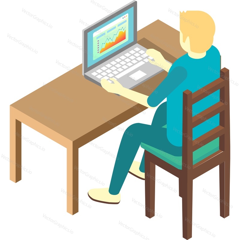 Man business trader working on laptop with stock market data analysis in char and graph icon vector