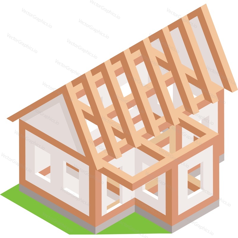 Wood house frame building vector icon. Isolated home construction site on white background