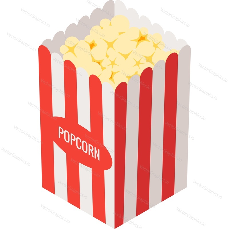 Pop corn box, bucket or cup vector icon. Packaging design isolated on white background. Striped cardboard container for crunchy cooked kernel fastfood