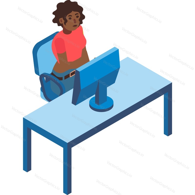 Woman at computer vector. Freelancer