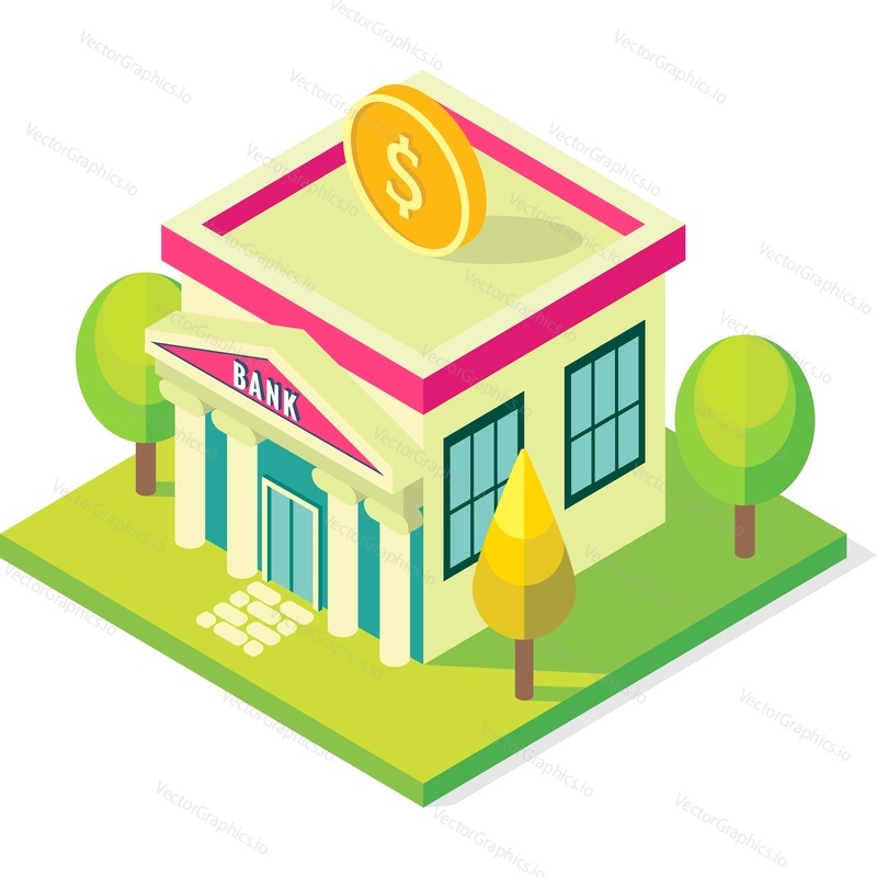 Bank building exterior vector icon.