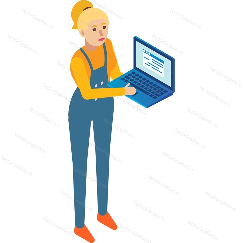 Woman with laptop standing icon vector isolated on white background. Young programmer showing successful running application on computer screen