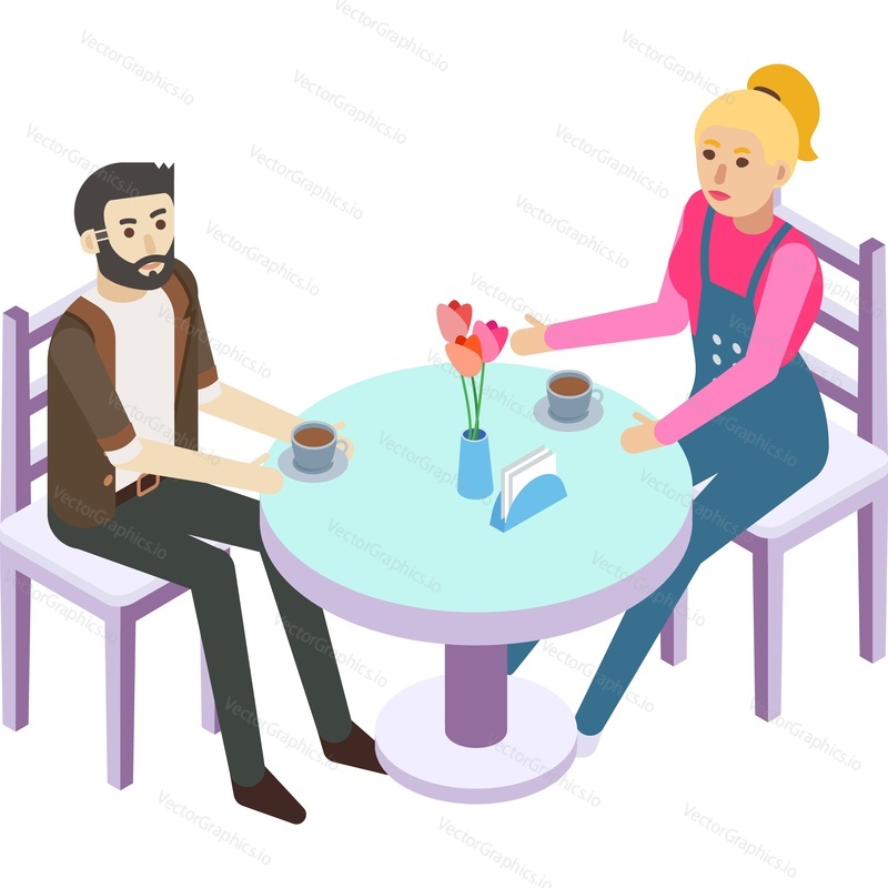 Couple drink coffee in cafe icon vector isolated on white background. Man and woman sitting at table talking enjoy tea time together. Dating or meeting cocnept