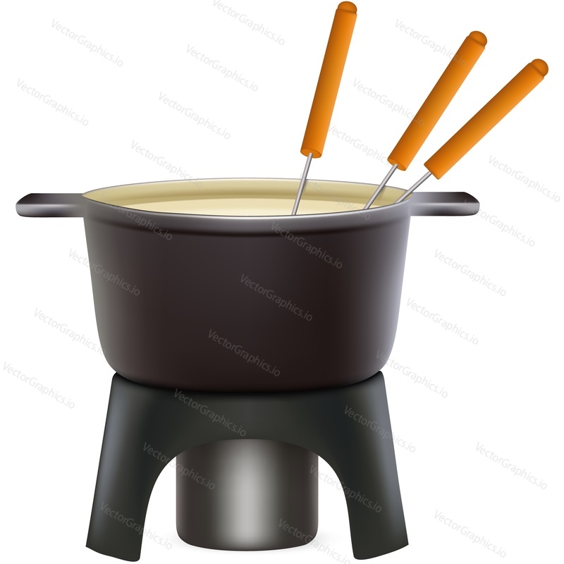 Fondue icon. Vector pot bowl with melted cheese and dip fork stick isolated on white background