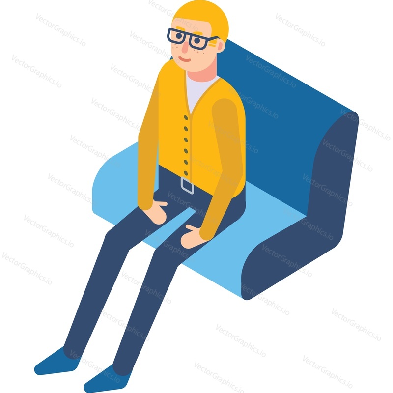 Man sitting on sofa vector icon isolated on white background. Office character relax on couch. Male executive wait for appointment