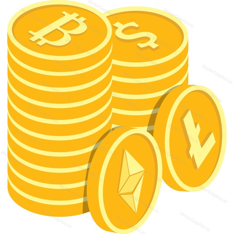 Cryptocurrency pile vector icon. Dollar, bitcoin, litecoin, ethereum stack isolated on white background