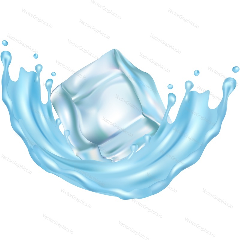 Ice cube falling into liquid or water with splash vector icon. Cold drink 3d isometric design element isolated on white background