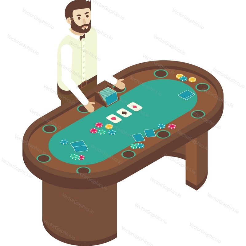 Croupier at casino poker table desk vector icon. Gambling dealer taking bet isolated on white background