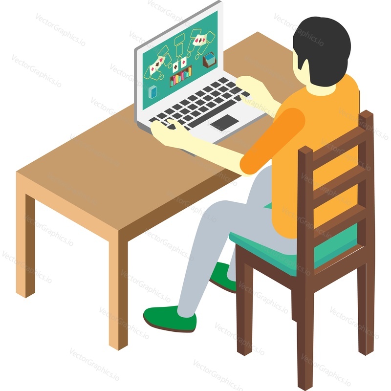 Man play solitaire game on laptop sitting at table desk icon vector isolated on white background