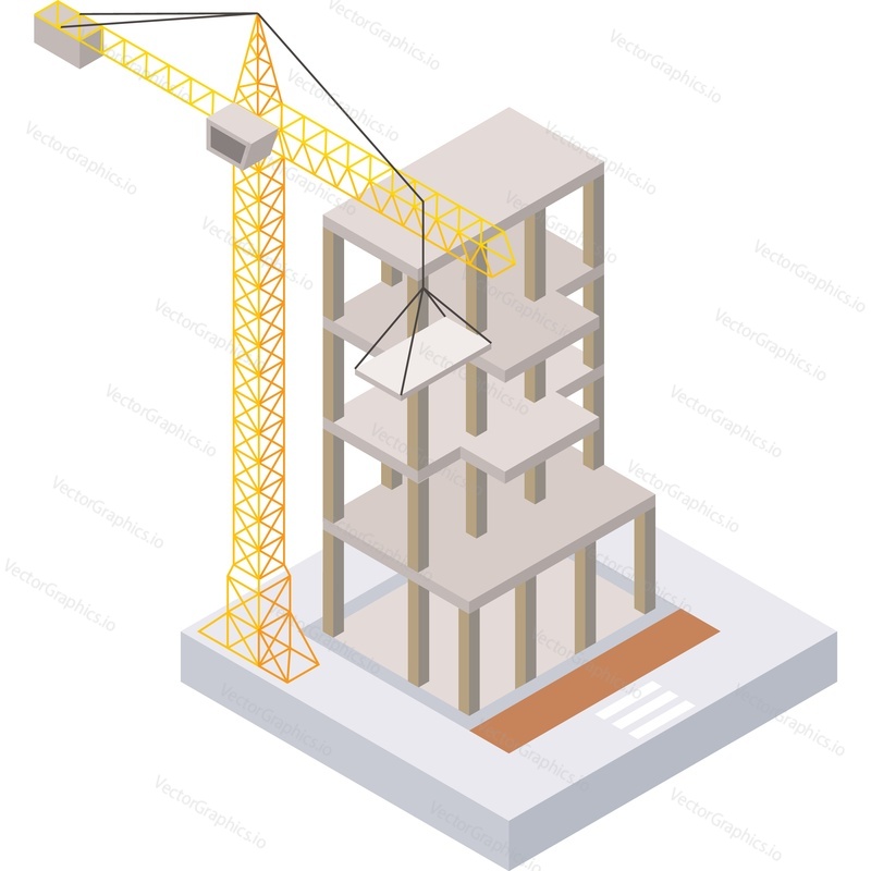 Pilíř jeřáb stavební dům ikona vektor. Izometrické 3D mrakodrap Architektura složení izolovaných na bílém pozadí