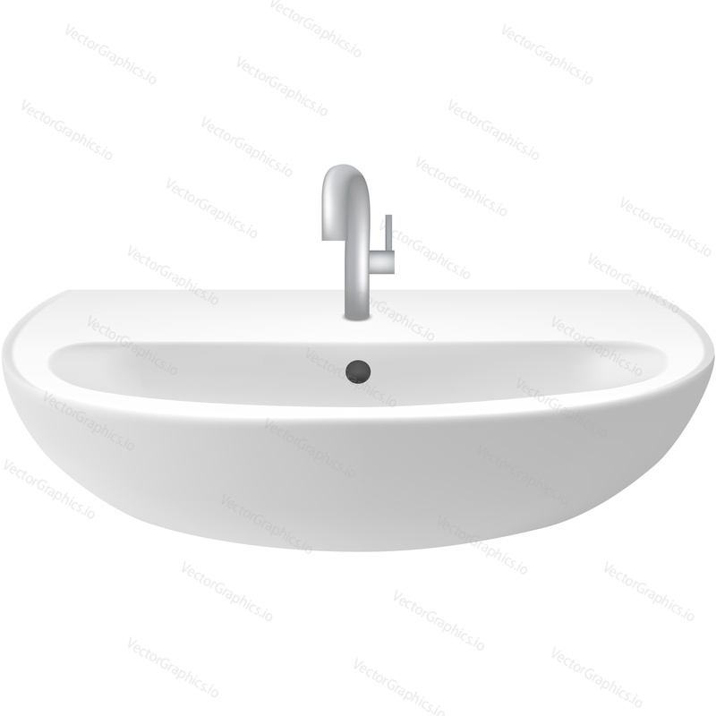 Realistic sink with tap vector. Hanged water basin 3d icon. Ceramic toilet wash equipment for washroom, restroom design interior