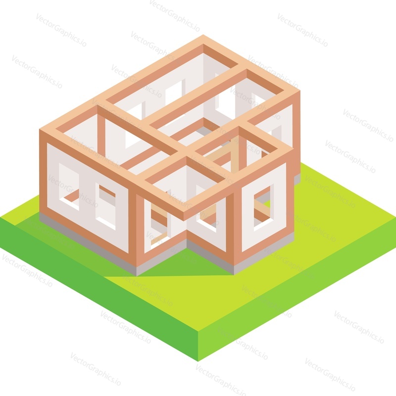 House building frame with wall 3d vector icon. Isolated house construction site on white background