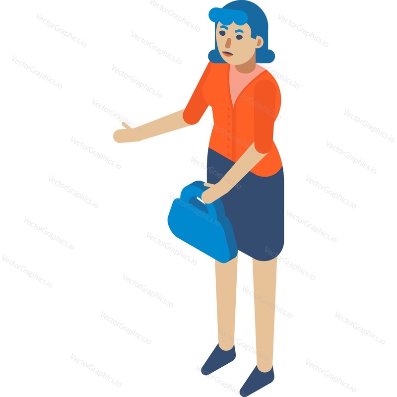 Vector woman with handbag standing isolated on white background. People portrait icon