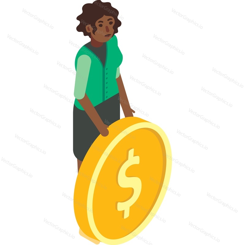 Woman investor holding dollar gold coin vector icon isolated on white background. People miner character. Business and financial growth