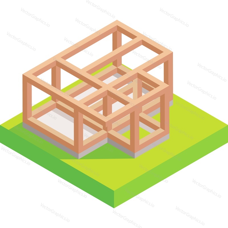 House building frame 3d isometric vector icon. Isolated house construction architecture on white background