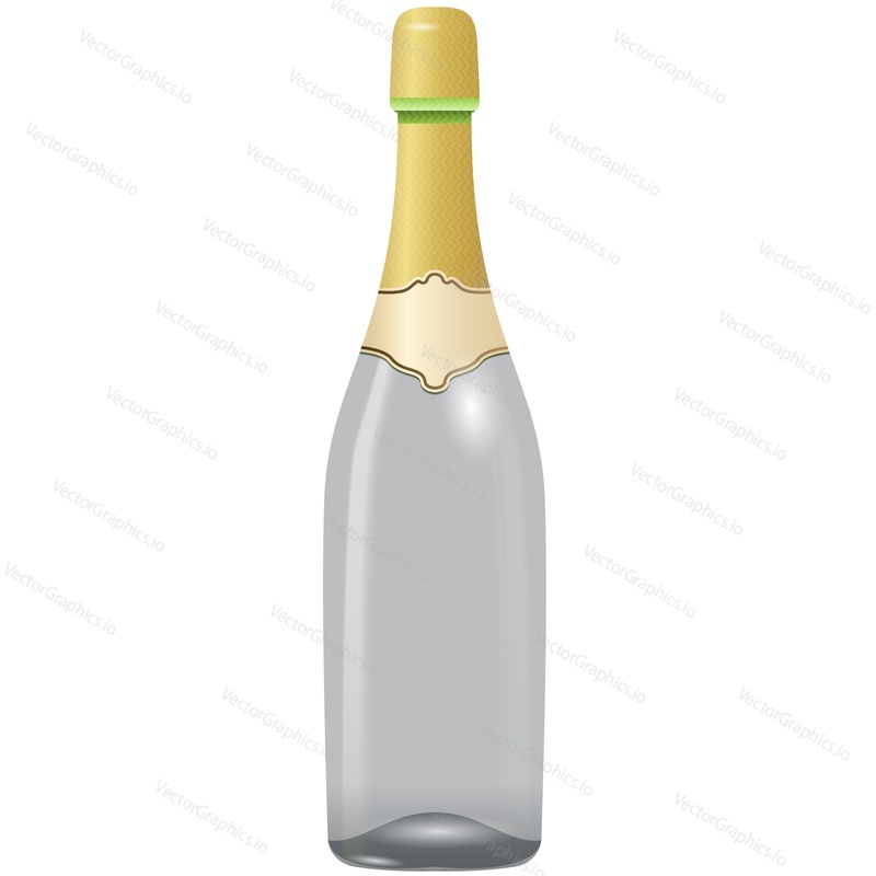 Champagne bottle vector. Sparkling wine glass pack icon. Realistic alcohol beverage mockup design. Holiday or anniversary drink packaging template