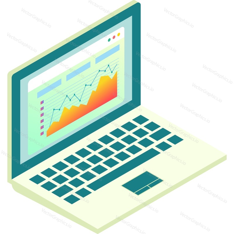 Crypto graph trade stock analysis on laptop icon vector. Statistiky Forex trhu, směnárna aplikace na počítači