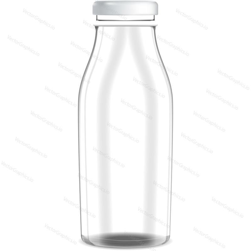 Empty juice or milk bottle vector icon. Glass or transparent plastic drink jar with cap mockup isolated on white background