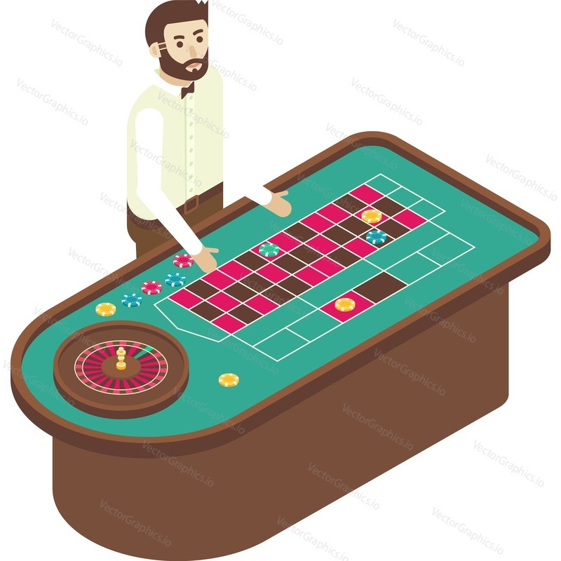 Croupier at blackjack table vector. Casino icon. Man dealer at gambling roulette desk isolated on white background