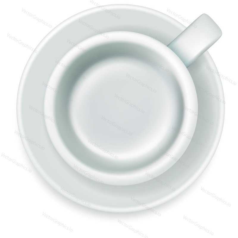 Empty coffee cup on saucer top view vector icon. Realistic tea mug on plate isolated on white background