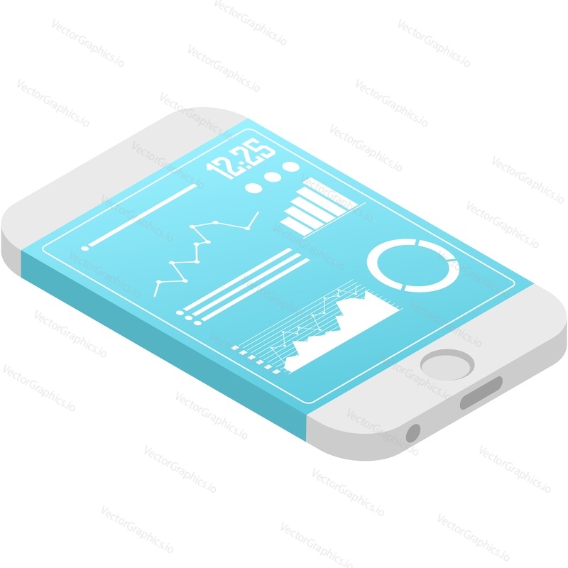 Mobile data analytics app vector isometric 3d icon. Business digital chart and graph research report, infographic diagram on smartphone screen isolated on white background