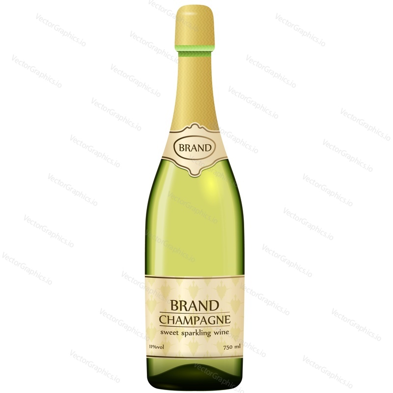 Sweet sparkle wine bottle vector. Brand champagne icon. Realistic alcohol beverage mockup design. Holiday or anniversary drink packaging template