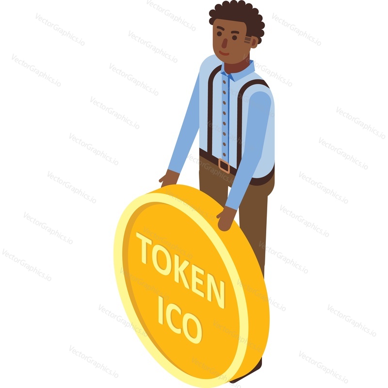 Man holding token ico icon vector isolated on white background. Cryptocurrency investment and funding