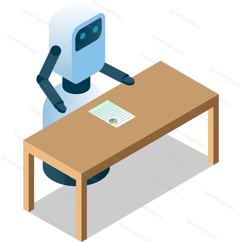 Robot assistance and machine learning icon vector. Futuristic robot working with business infographic statistic at table desk isolated on white background