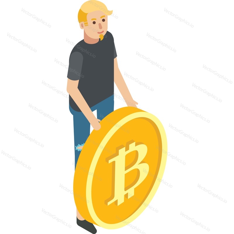 Business man miner with bitcoin vector icon isolated on white background. Cryptocurrency wallet, mining and investment concept